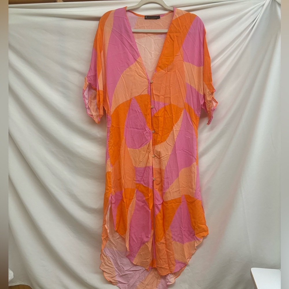 Vic Paula Hermanny dress M pink orange abstract pattern midi summer flowy